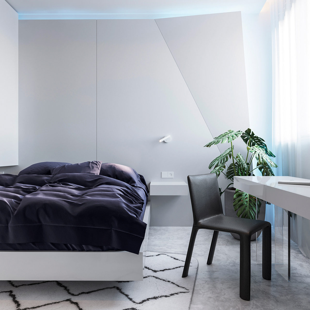 Bức tường gấp đầu giường tạo ấn tượng cho phòng ngủ nhỏ phong cách tối giản. Chậu cảnh tươi tốt mang sắc xanh thiên nhiên vào nhà.
