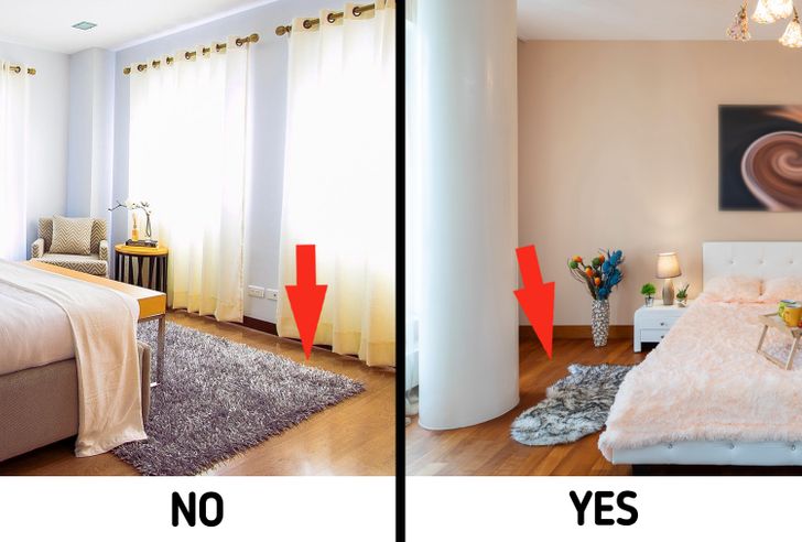 hình ảnh minh họa cho việc trải thảm phòng ngủ đúng cách và sai cách
