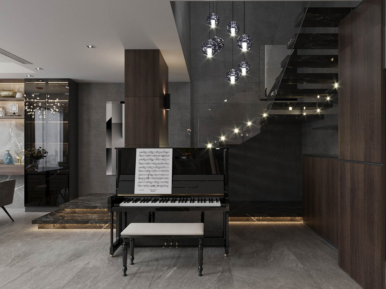 cận cảnh đàn piano cạnh cầu thang, đèn thả lung linh trong căn hộ Duplex