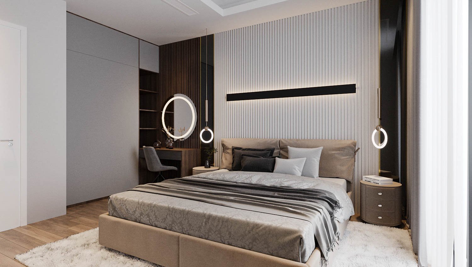 Mỗi phòng ngủ trong căn hộ Duplex được thiết kế theo nhu cầu, sở thích của chủ sở hữu với những điểm nhấn riêng biệt ở đầu giường.