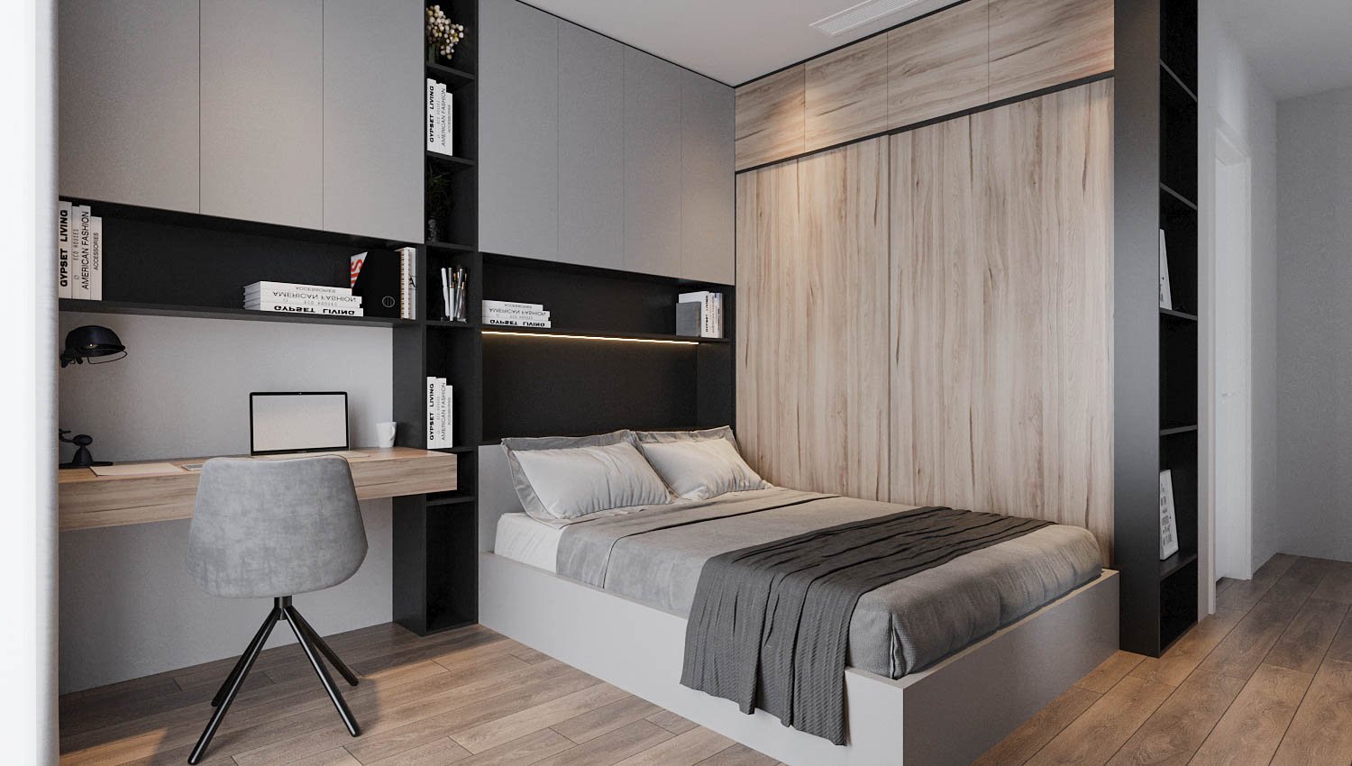Các phòng ngủ trong căn hộ Duplex đều được thiết kế theo phong cách hiện đại, tối giản, chú trọng vào công năng sử dụng.