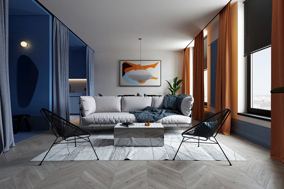 hình ảnh toàn cảnh phòng khách căn hộ hiện đại với sàn gỗ xương cá màu xám, sofa trắng, bàn cà phê khối h ooppj, hai ghế tựa kim loại màu đen