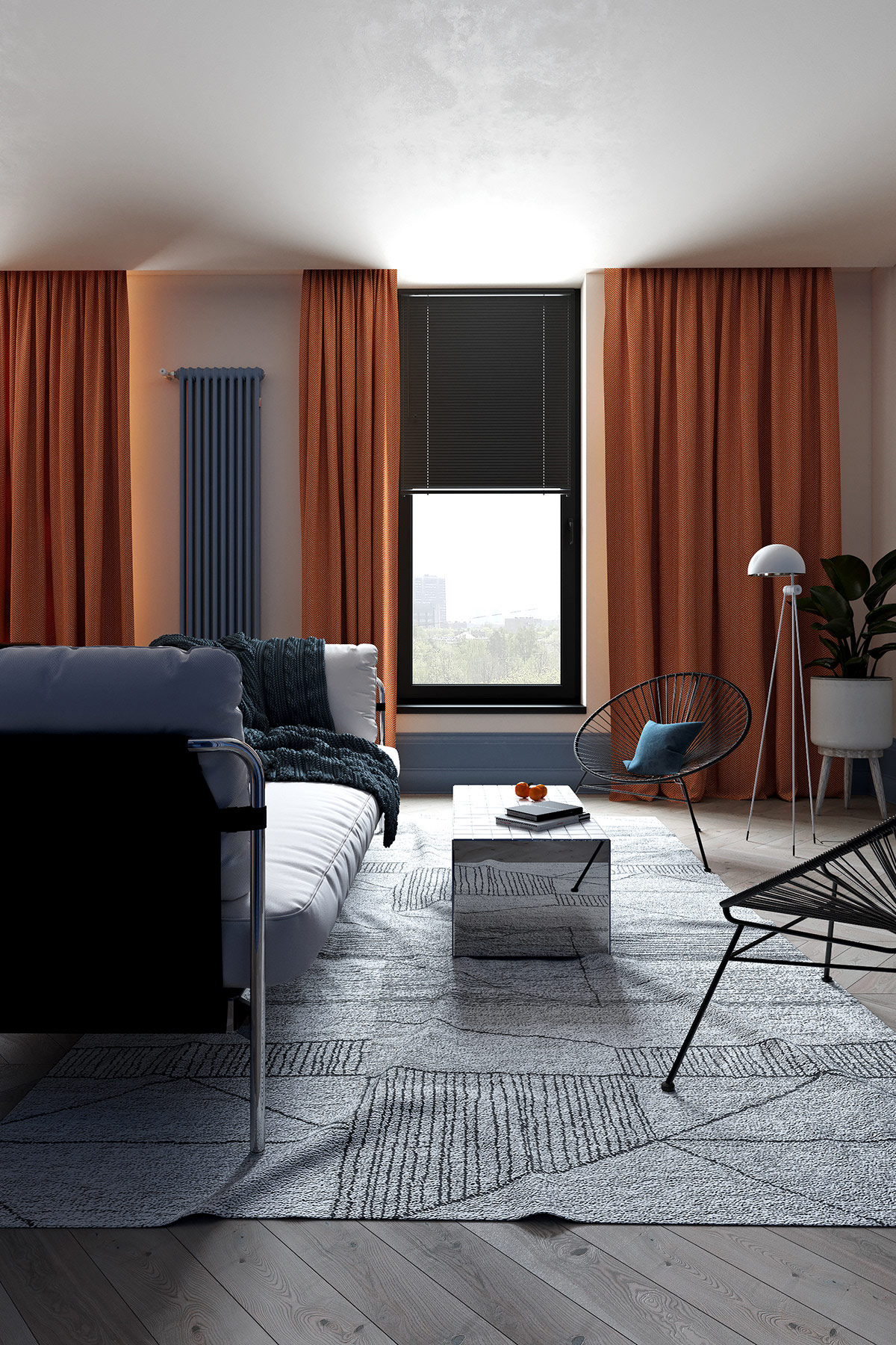 Bộ rèm cửa màu cam cao sát trần vừa tạo cảm giác căn phòng như cao thoáng hơn, vừa mang đến sự ấm áp cho không gian sống.