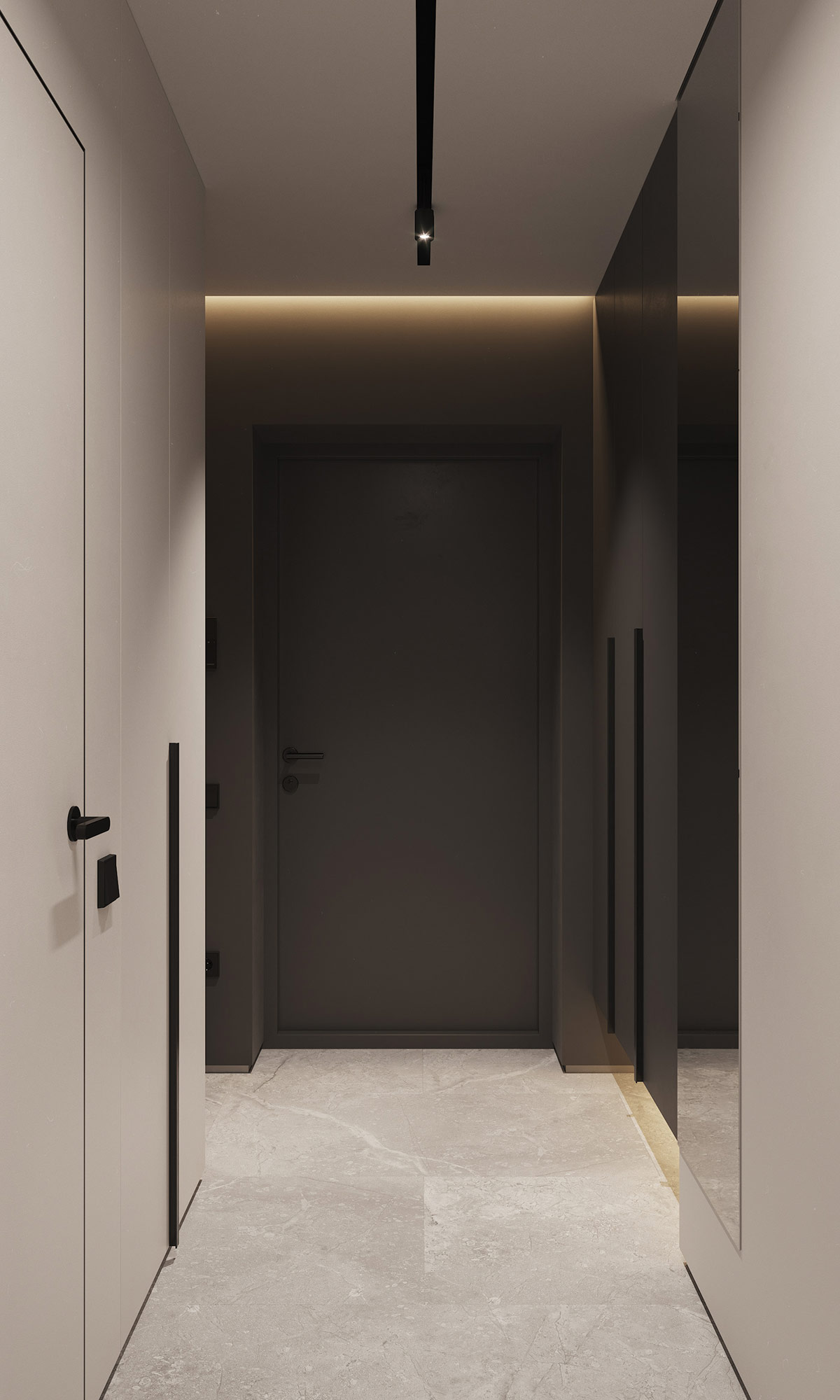 hình ảnh hành lang lối vào với cửa màu đen, đèn LED âm trần, tường màu trắng ngả xám
