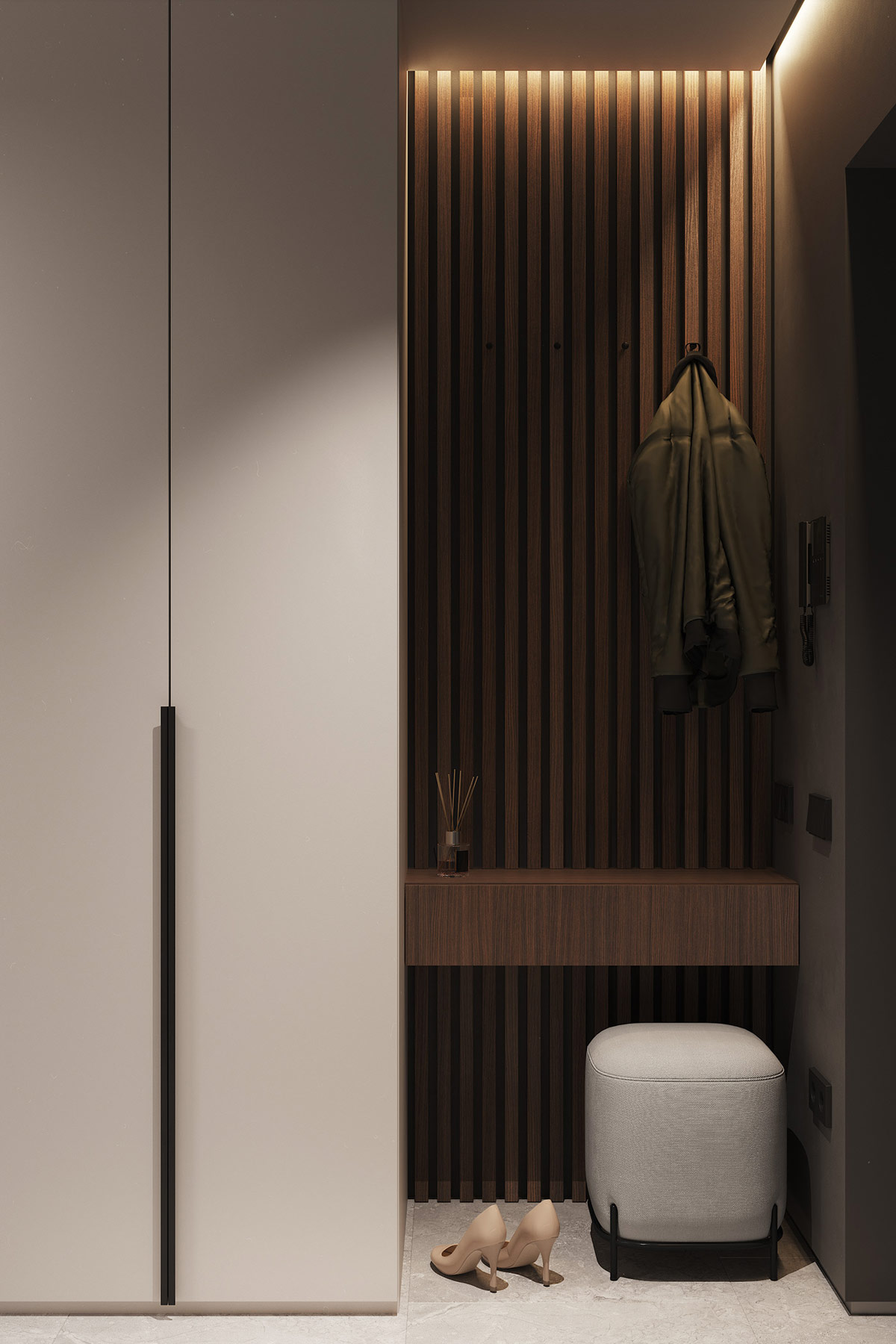 Góc treo áo, ngồi nghỉ ở khu vực hành lang căn hộ 60m2. Chất liệu gỗ sẫm tạo chiều sâu cho không gian, mang lại cảm giác thân thiện.