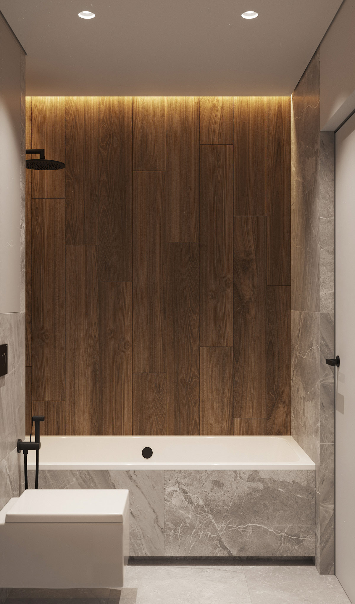 hình ảnh khu vực bồn tắm với mảng tường ốp gỗ kết hợp đèn LED vàng