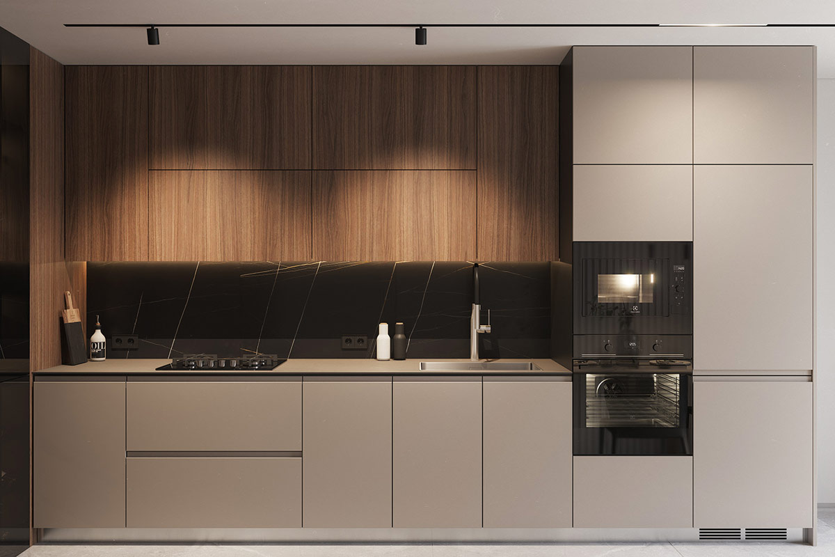 Hệ tủ màu xám và vân gỗ tạo nên một không gian bếp hiện đại, thoáng đãng. Tường chắn ốp đá cẩm thạch đen bóng tạo cảm giác sang trọng, đồng thời dễ dàng vệ sinh làm sạch.