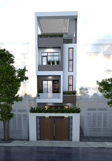 hình ảnh phối cảnh mẫu nhà phố 3 tầng hiện đại có lam che ở ban công tầng thượng