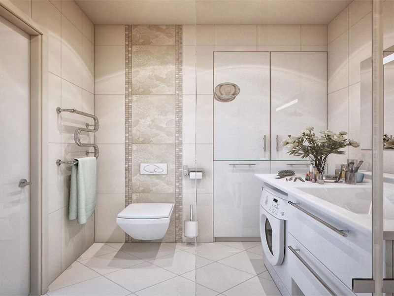 Phòng tắm trong nhà ống 2 tầng tông màu trắng sáng chủ đạo tạo cảm giác sạch sẽ, rộng thoáng. Nơi đây tích hợp cả máy giặt sấy.