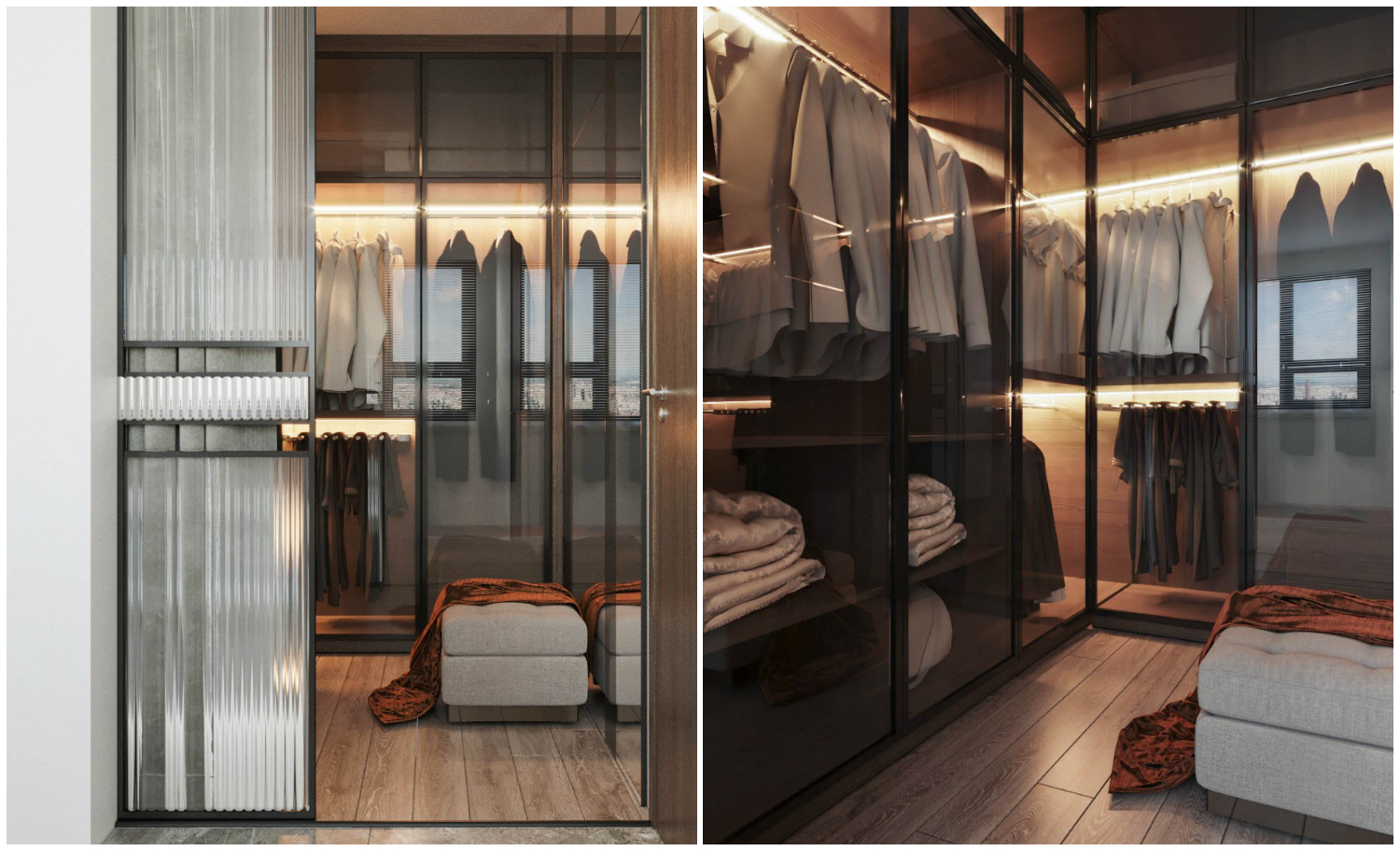 Phòng thay đồ với thiết kế tủ gương sang trọng, tạo độ thoáng cho không gian.