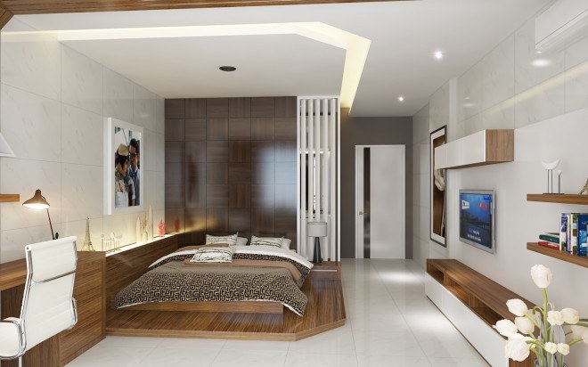 Với nội thất gỗ màu nâu sẫm chủ đạo, phòng ngủ master của vợ chồng gia chủ vừa ấm áp, vừa sang trọng, tạo cảm giác thư thái cho người dùng.