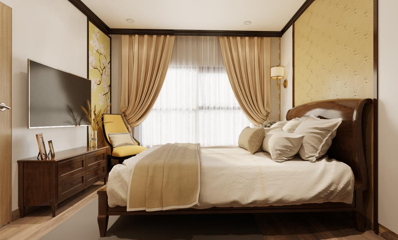 Phòng ngủ phong cách Indochine tinh tế trong căn hộ của Minh Thùy ở Ocean Park.