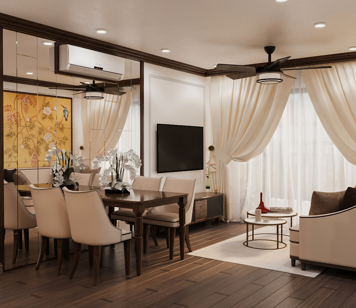 Một góc phòng khách phong cách nội thất Indochine trong căn chung cư Vinhomes Ocean Park của CEO Minh Thùy.