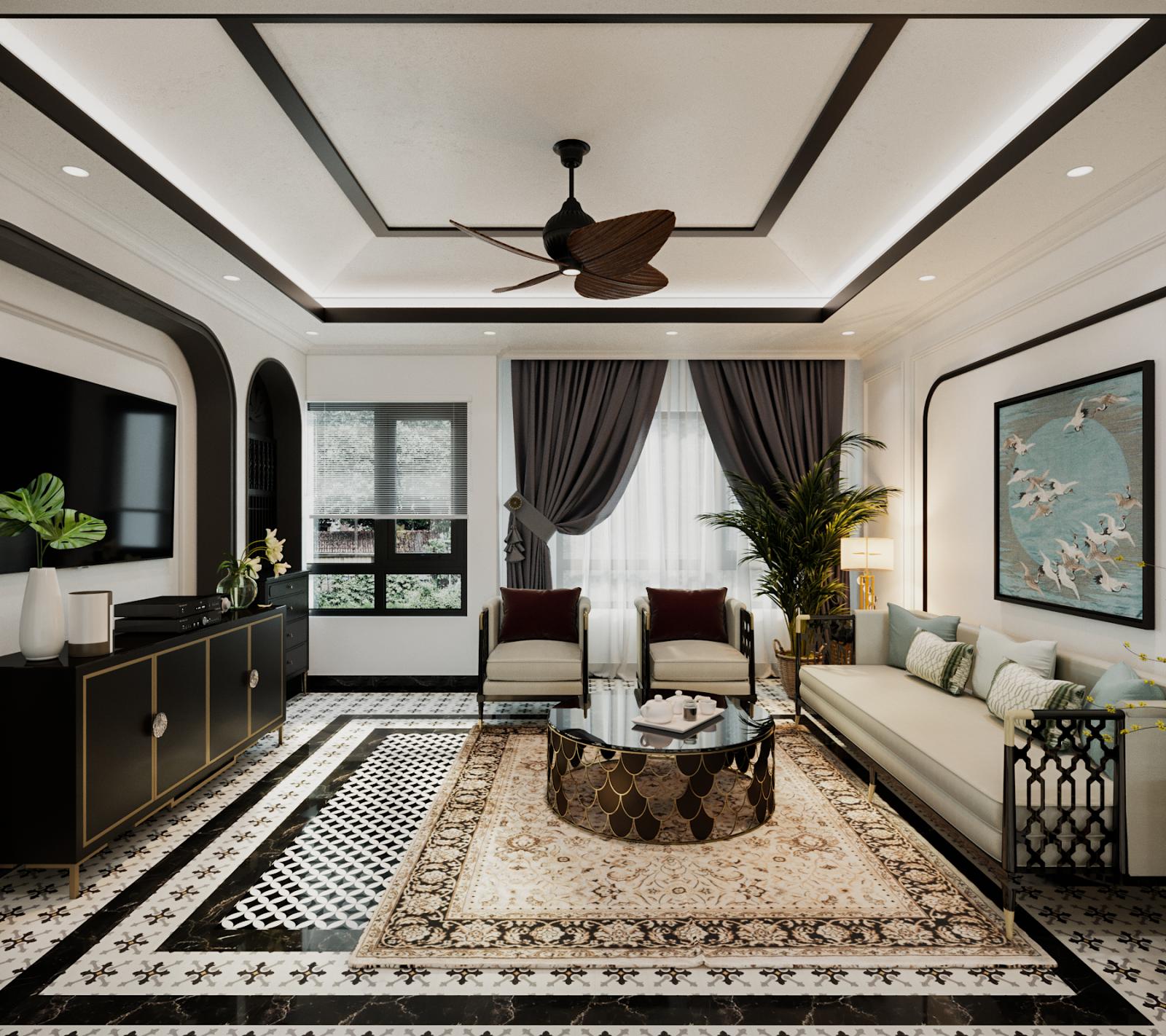 Phòng khách phong cách nội thất Indochine ấn tượng với sắc đen quyến rũ.