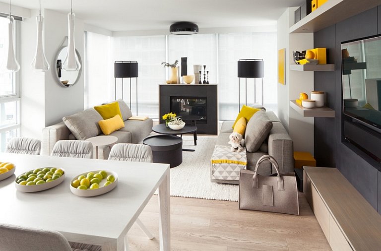 Màu vàng mang lại sự sang trọng, vui vẻ cho phòng khách hiện đại màu trắng- xám này.
