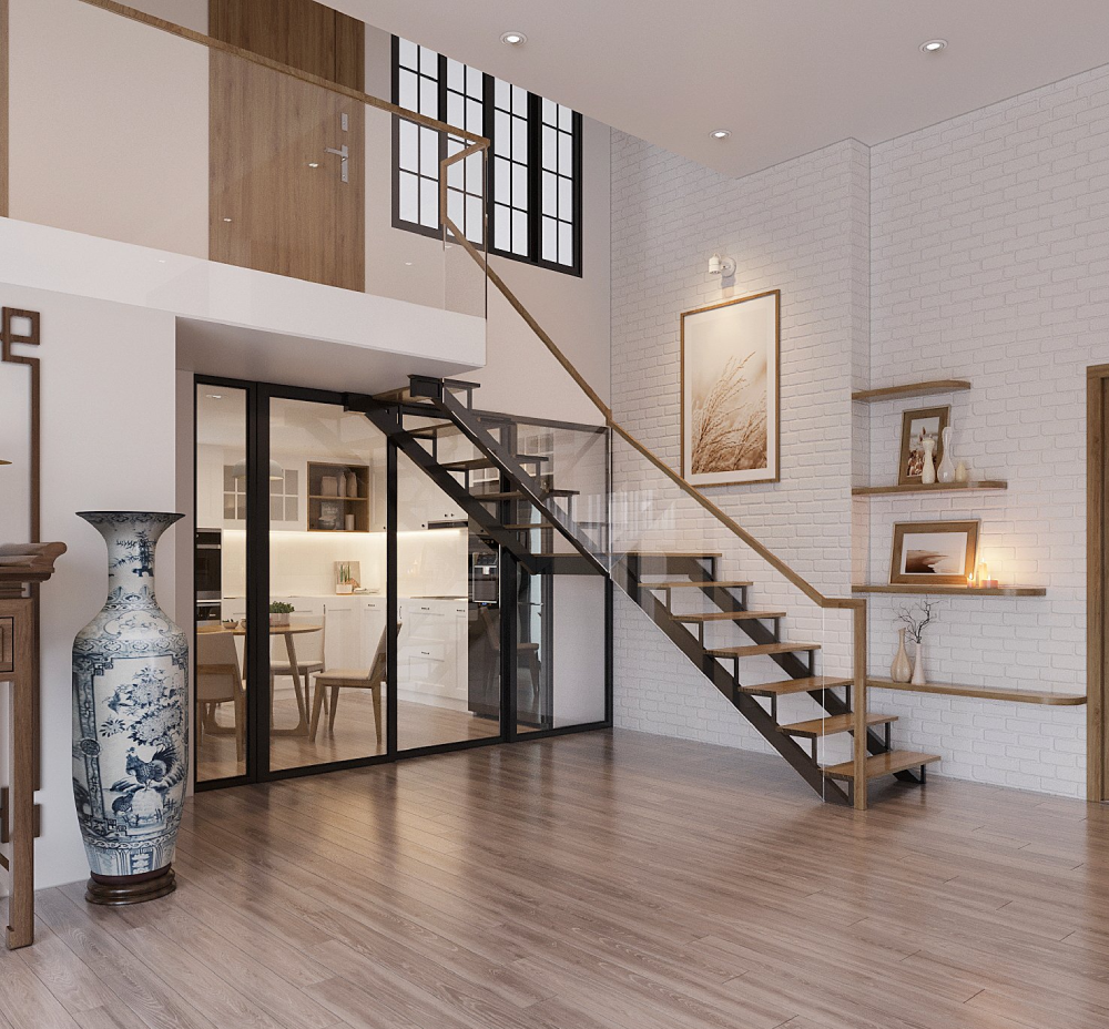 Nội thất Penthouse được thiết kế 2 tầng tựa như căn hộ Duplex. Cầu thang nhỏ gọn với bậc hở và lan can kính trong suốt tạo độ thông thoáng cho không gian.