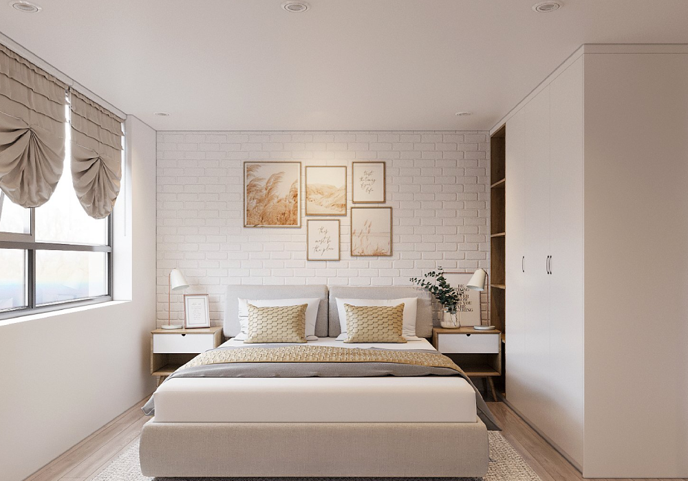 hình ảnh toàn cảnh phòng ngủ phong cách Bắc Âu với tường gạch mộc đầu giường sơn trắng, rèm cửa sổ xám nhạt, tranh tường màu vàng cam