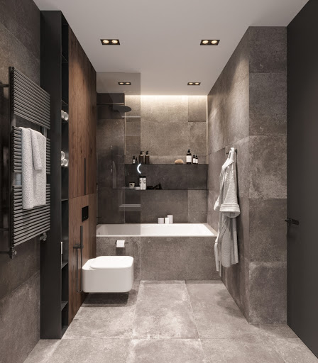 Phòng tắm - vệ sinh trong biệt thự 3 tầng sử dụng bảng màu xám đen cá tính.