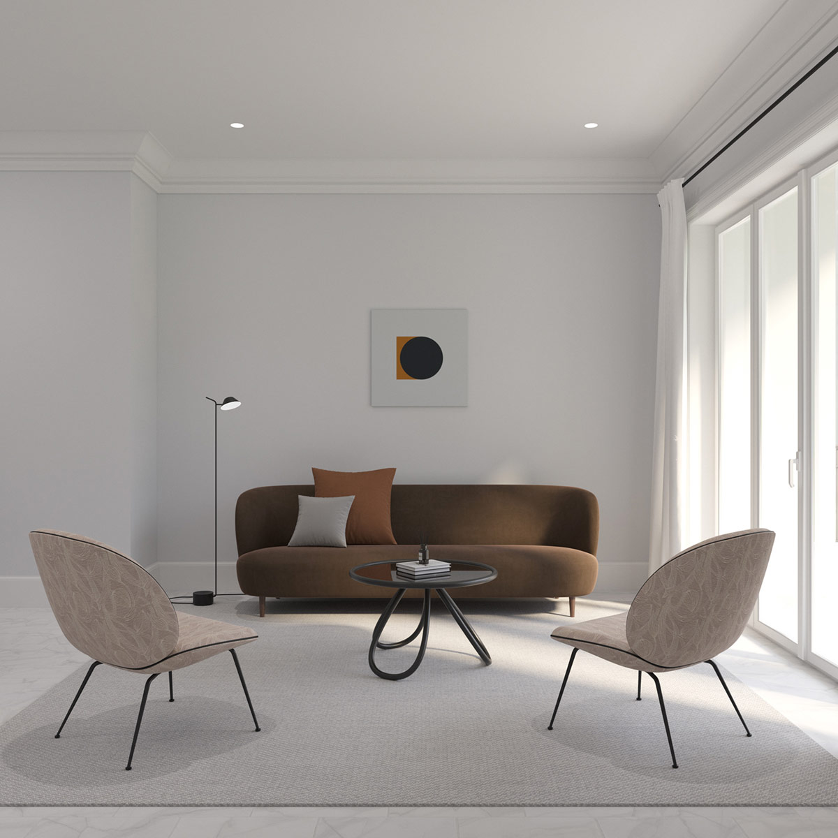 Trong phòng khách căn hộ tối giản, ghế sofa lưng cong được kết hợp với những chiếc ghế tròn trịa, bàn cà phê tròn và bức tường nghệ thuật với họa tiết cùng hình dạng.