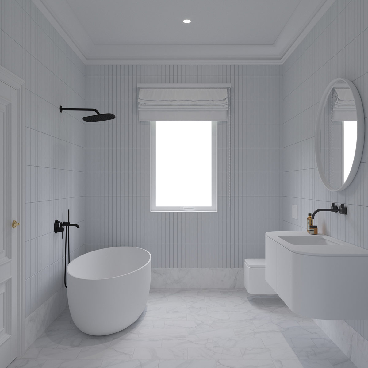 hình ảnh phòng tắm màu trắng xám chủ đạo, vòi sen, vòi rửa màu đen, cửa sổ kính có rèm che