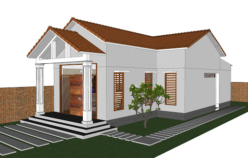 hình ảnh phối cảnh 3D mẫu nhà cấp 4 mái Thái với hình khối kiến trúc đơn giản