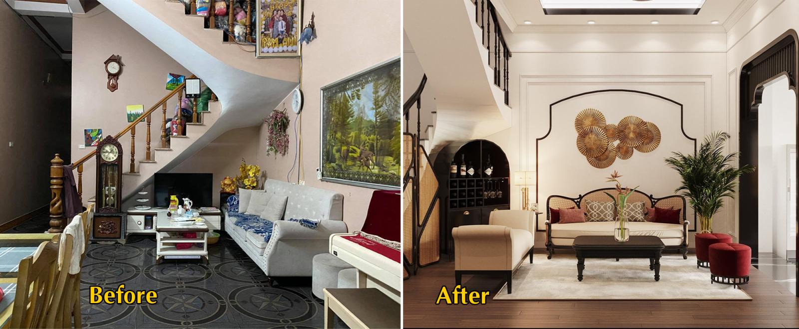 hình ảnh phòng khách nhà phố trước và sau khi được cải tạo
