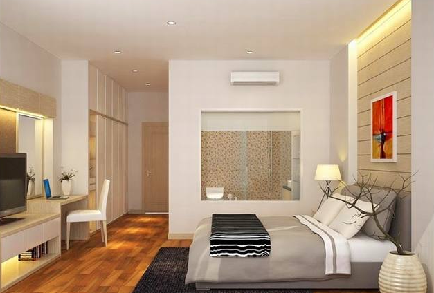 hình ảnh phòng ngủ master với sàn lát gỗ, tường và trần sơn trắng, tủ kệ tivi, lối vào đặt tủ quần áo cao kịch trần