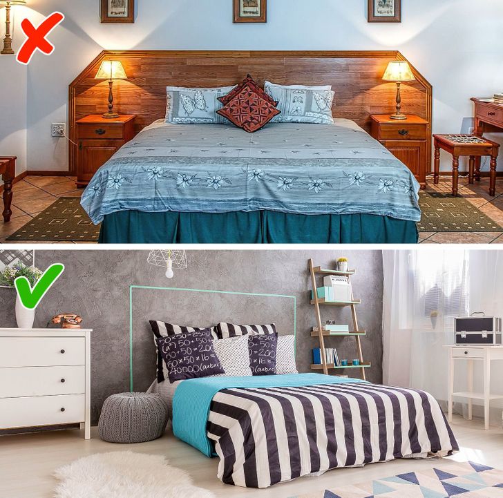 hình ảnh phòng ngủ được trang trí nội thất theo lối đối xứng với bàn đầu giường bằng gỗ, phòng ngủ dưới màu trung tính, bài trí thú vị, nổi bật với thảm trải kẻ sọc