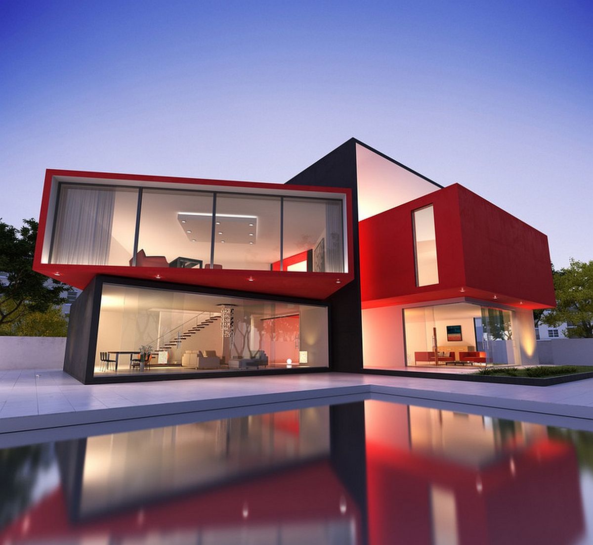 hình ảnh ngoại thất ngôi nhà phong cách tối giản hiện đại với sắc đỏ - đen cá tính.