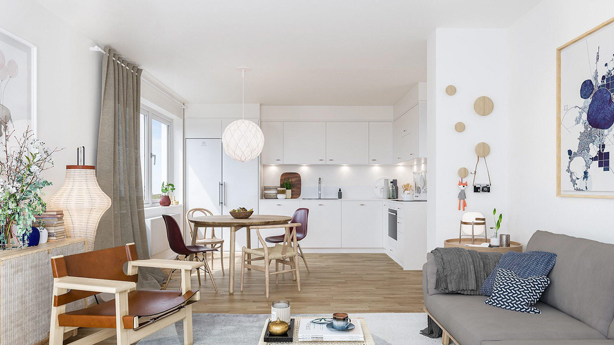 Phòng khách căn hộ phong cách Scandinavian là sự kết hợp hoàn hảo của vải dệt kim mềm mại, thảm trải có đường gân, bàn cà phê bằng liễu gai mộc mạc...
