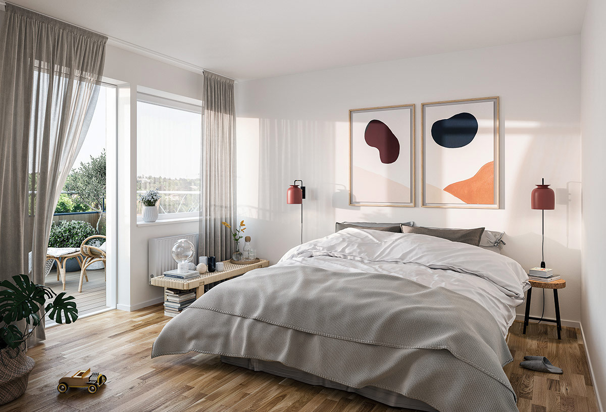 hình ảnh phòng ngủ với tông trắng chủ đạo, rèm xám hai lớp, tranh treo tường đầu giường