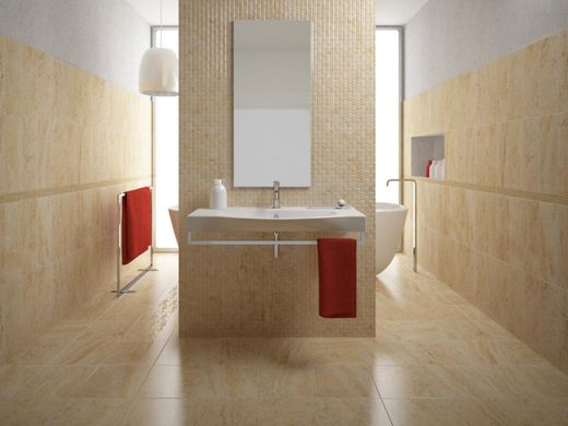 Phòng tắm ốp lát gạch men màu be sáng tạo cảm giác ấm áp, sang trọng.