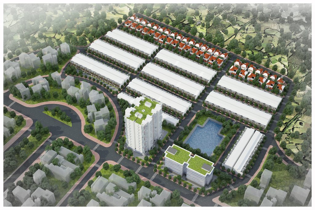 hình ảnh phối cảnh một dự án nhà ở với nhiều tòa nhà cao tầng xen kẽ khu dân cư thấp tầng, cây xanh