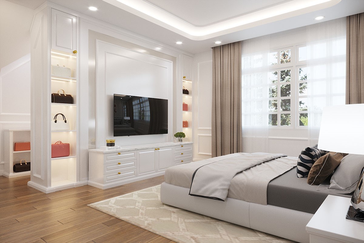 Phòng ngủ master toát lên vẻ sang trọng, hiện đại dù chỉ sử dụng bảng màu trắng - xám và hạn chế tối đa phụ kiện trang trí.