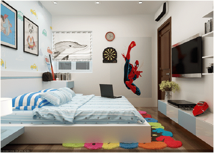 phòng ngủ con trai với tranh treo tường ngộ nghĩnh, người nhện màu xanh đỏ