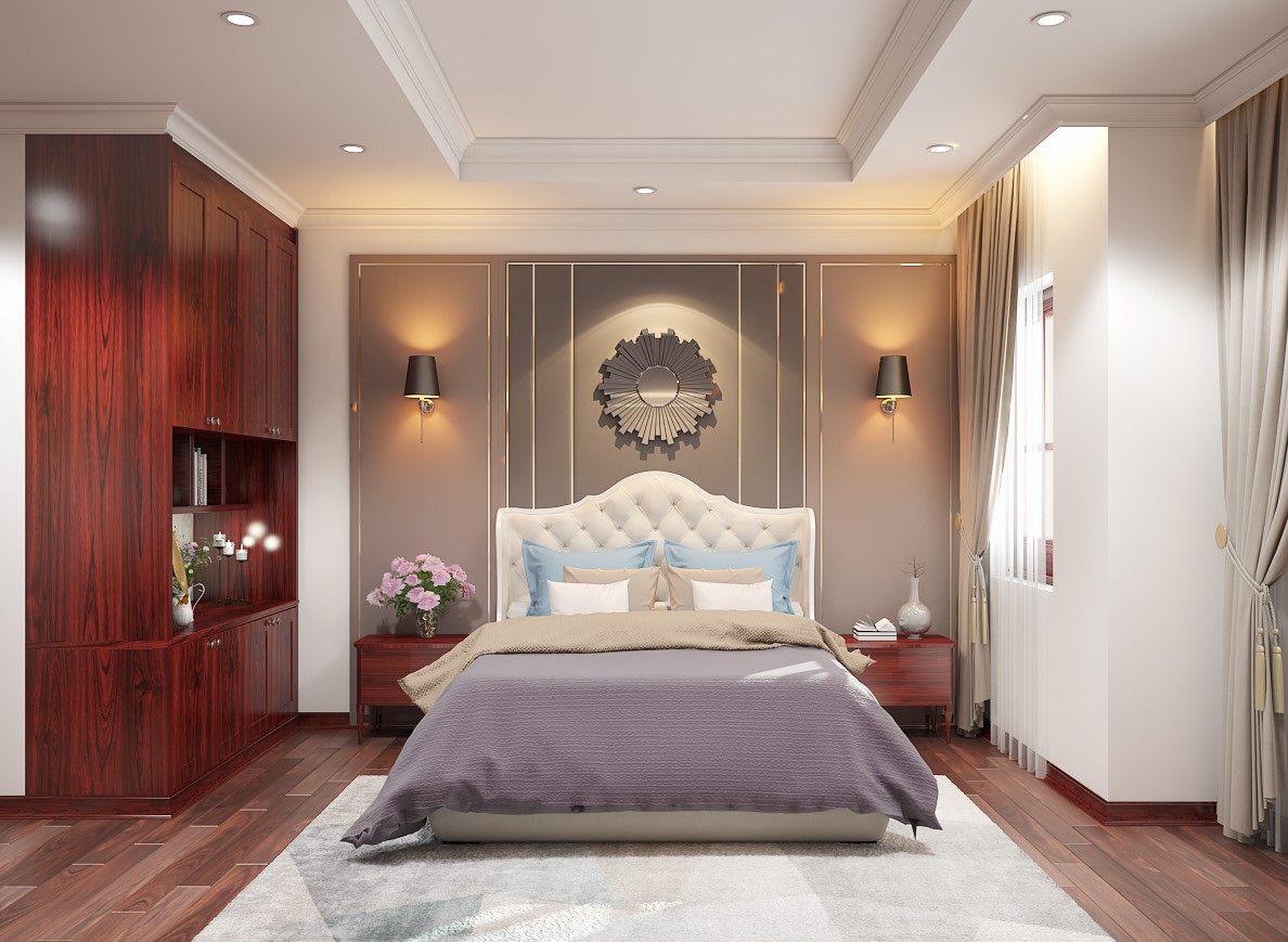 Không gian phòng ngủ master của vợ chồng gia chủ sử dụng nội thất cao cấp, với điểm nhấn trang trí đầu giường. Tủ quần áo cao kịch trần cho phép lưu trữ thoải mái.
