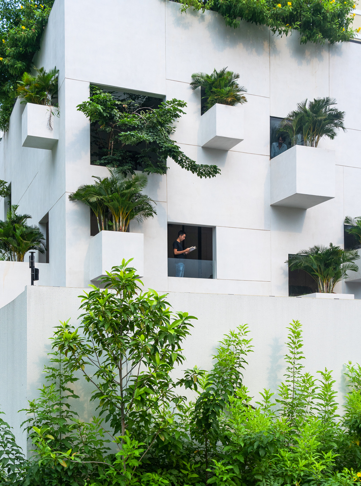 hình ảnh cận cảnh ngôi nhà phố Sài Gòn với tường màu trắng, ban công nhô ra ngoài trồng cây xanh lớn