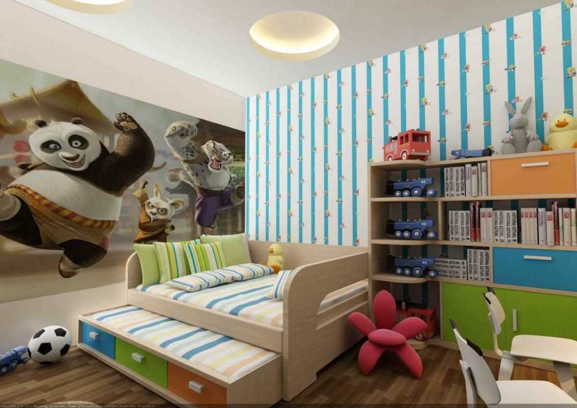 hình ảnh phòng ngủ con trai với ngăn tủ sách thoải mái, giường kéo 2 tầng, tranh gấu trúc lớn đầu giường
