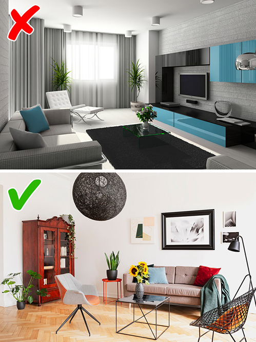 hình ảnh minh họa cho phòng khách đơn điệu một phong cách và phòng khách truyền thống kết hợp các yếu tố hiện đại