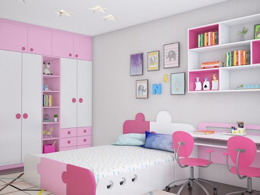 Mẫu thiết kế phòng ngủ con gái xinh yêu với sắc hồng - trắng kết hợp ăn ý.