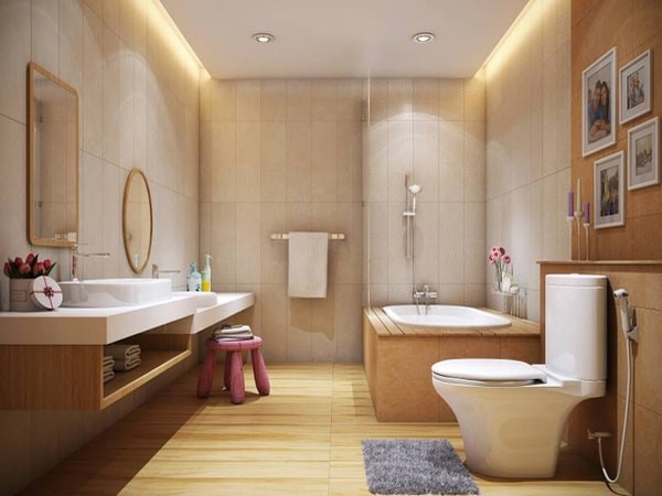 Trong nhà ống 4 tầng hiện đại, phòng tắm vệ sinh tạo cảm giác spa cho người dùng.