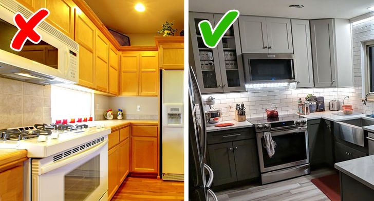 hình ảnh cận cảnh phòng bếp với tủ bếp màu vàng có khoảng trống với trần nhà, phòng bếp màu trung tính với tủ bếp cao kịch trần