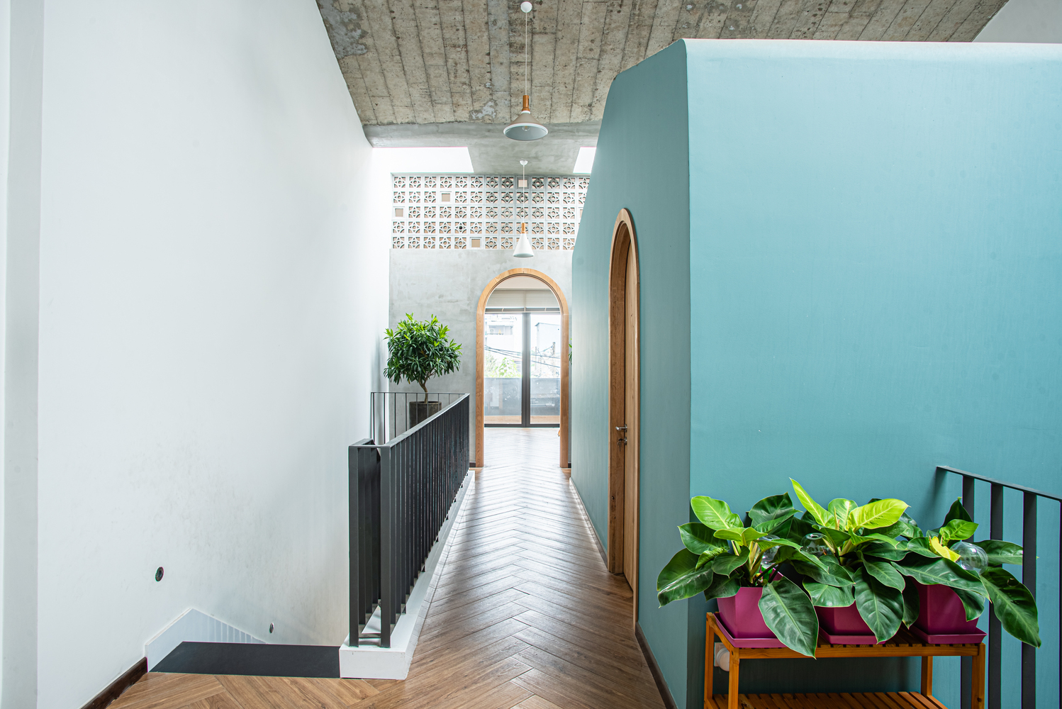 hành lang trên tầng trên nhà ống với sàn lát gỗ xương cá, tường sơn xanh, cây xanh trang trí