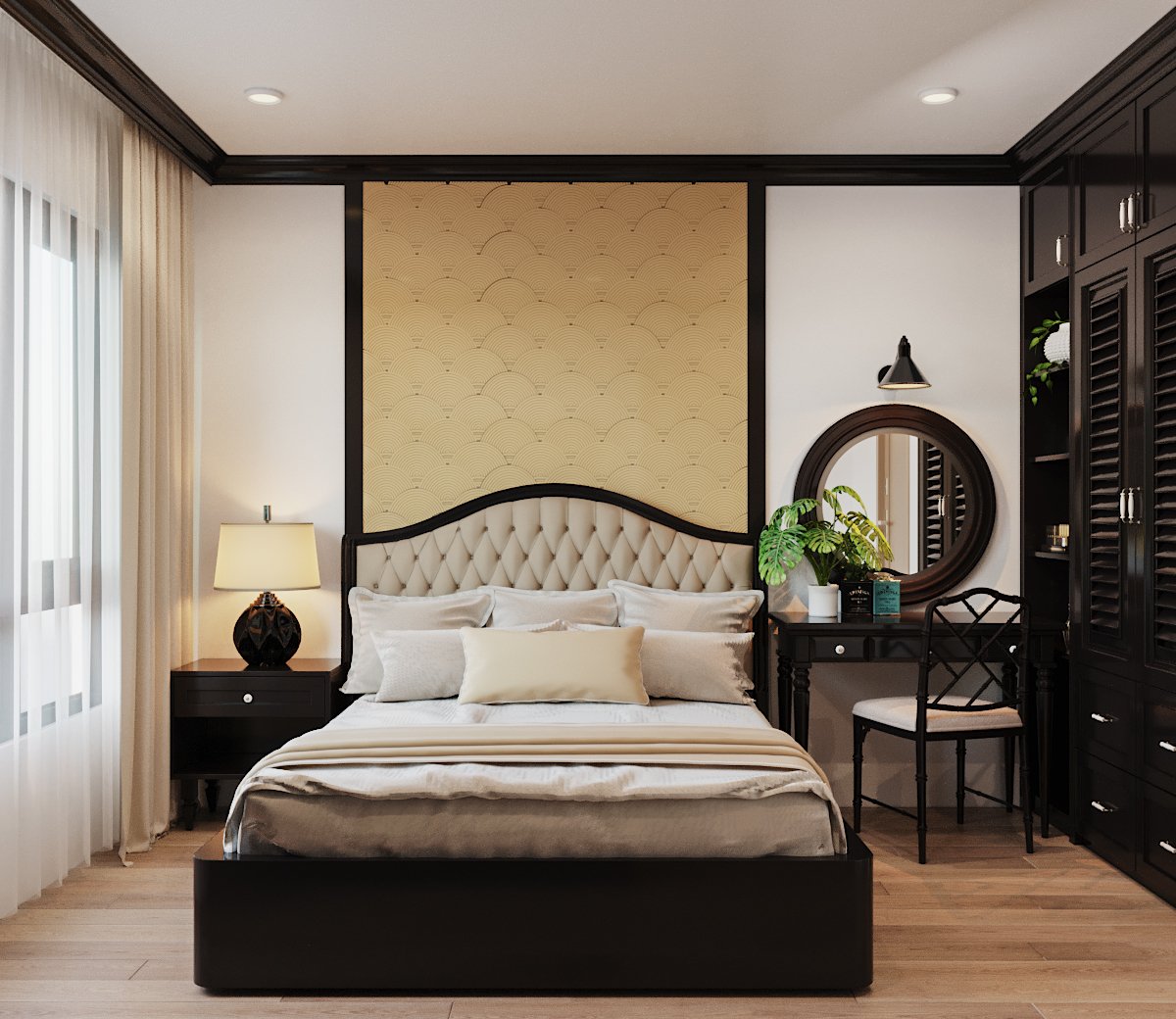 hình ảnh phòng ngủ với giường, tủ màu nâu đen, gương tròn, sàn gỗ