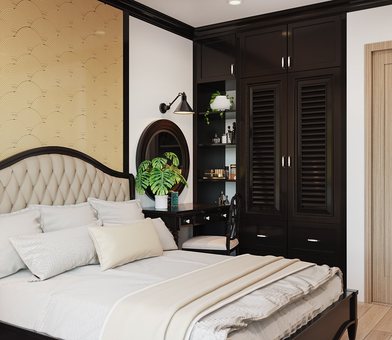 phòng ngủ với giường nệm màu trắng, tủ âm tường, đèn, gương tròn