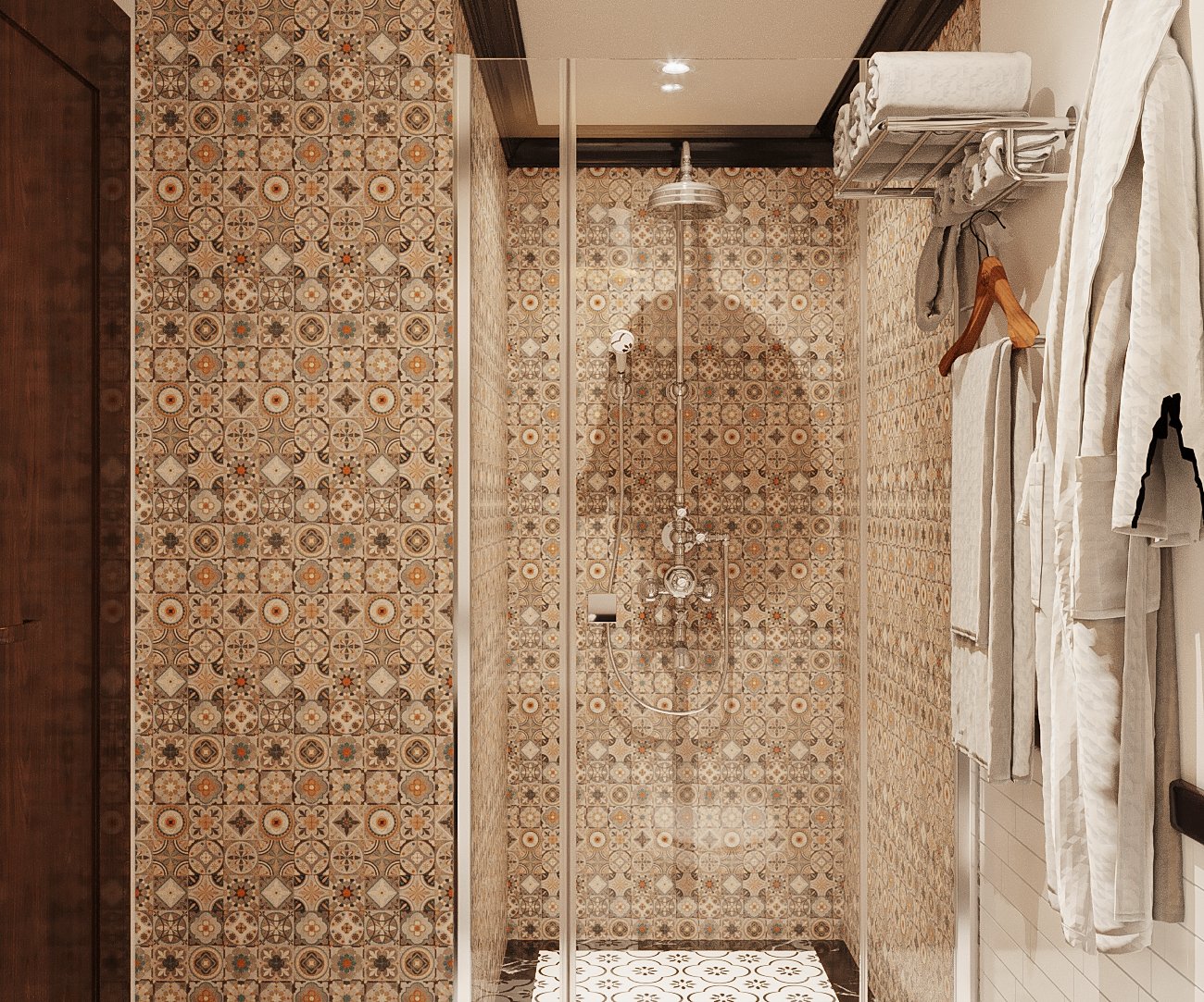 Trong căn hộ phong cách Indochine, buồng tắm đứng vách kính gây ấn tượng bởi gạch ốp tường hoa văn tinh tế, tông màu ấm áp.