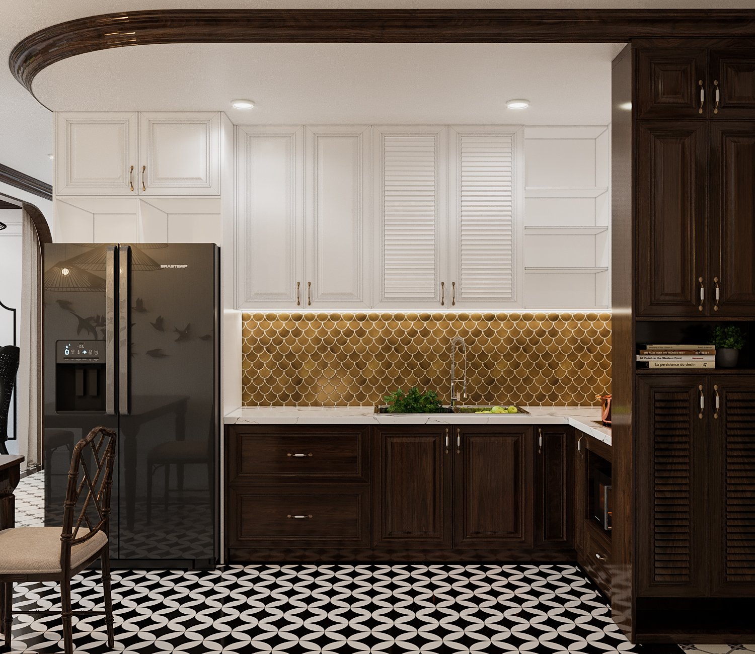 Không gian phòng bếp được thiết kế liên thông với phòng khách nhằm tạo cảm giác rộng thoáng hơn so với thực tế. Tường chắn ốp gạch màu vàng đồng, họa tiết vảy cá ấn tượng.