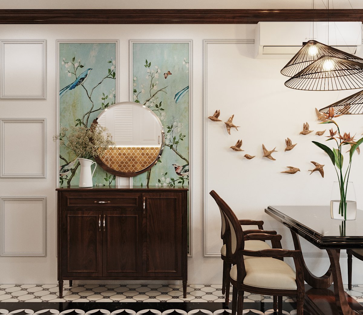 Không gian ăn uống được bài trí tinh tế với điểm nhấn hút mắt từ phụ kiện decor đàn chim bay lượn trên nền tường trắng cùng họa tiết mùa xuân khu vực tủ kệ.