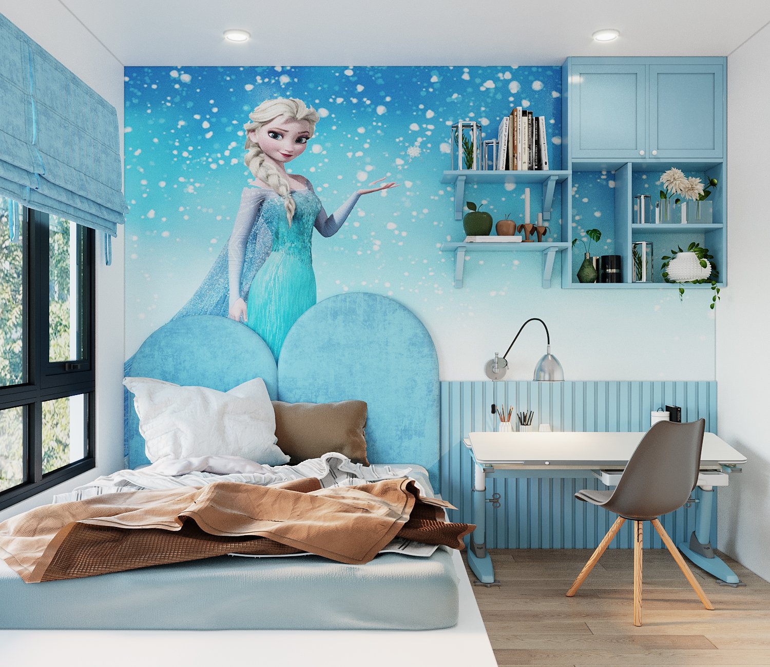 phòng ngủ con gái với tranh tường công chúa Elsa