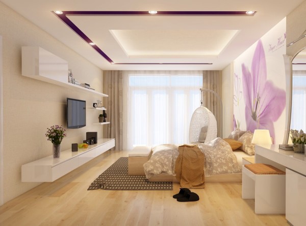 Trong phòng ngủ master, giường bệt được đặt ở trung tâm với tranh tường hoa tím lớn. Rèm cửa hai lớp giúp điều tiết linh hoạt ánh sáng tự nhiên vào phòng.